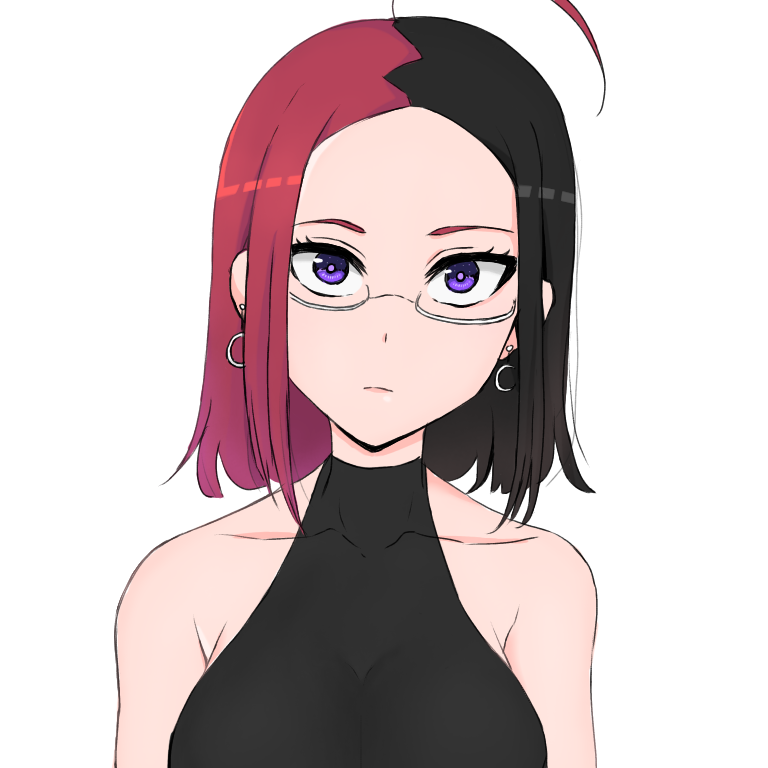 1girl black_hair blank_stare breasts earrings ignis_(artist) jewelry kahu_ruan no_bangs non-web_source original redhead short_hair violet_eyes white_background