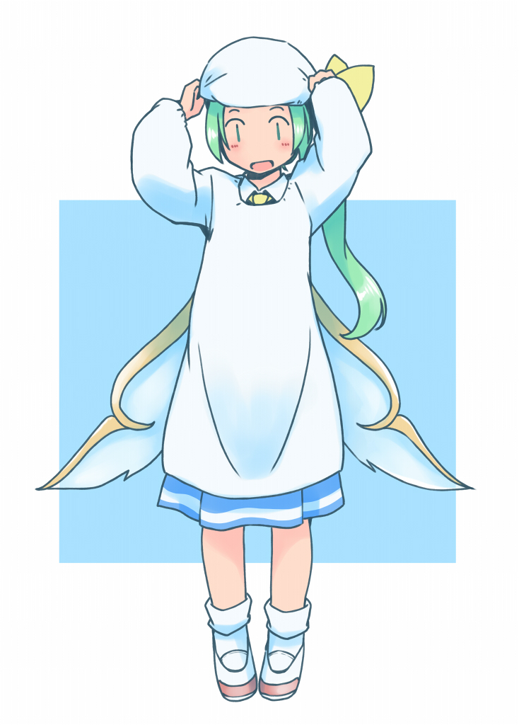 1girl :d adjusting_clothes adjusting_headwear ankle_socks apron arms_up blue_background blush border bow commentary_request contemporary daiyousei fairy fairy_wings full_body green_eyes green_hair hair_bow hand_on_headwear head_scarf kappougi long_hair long_sleeves looking_at_viewer low_wings necktie no_nose open_mouth outside_border puffy_long_sleeves puffy_sleeves rangycrow shoes side_ponytail simple_background smile socks solo standing straight-on tenugui touhou transparent_wings uwabaki white_apron white_border white_footwear white_headwear white_legwear wing_collar wings yellow_bow yellow_necktie |_|