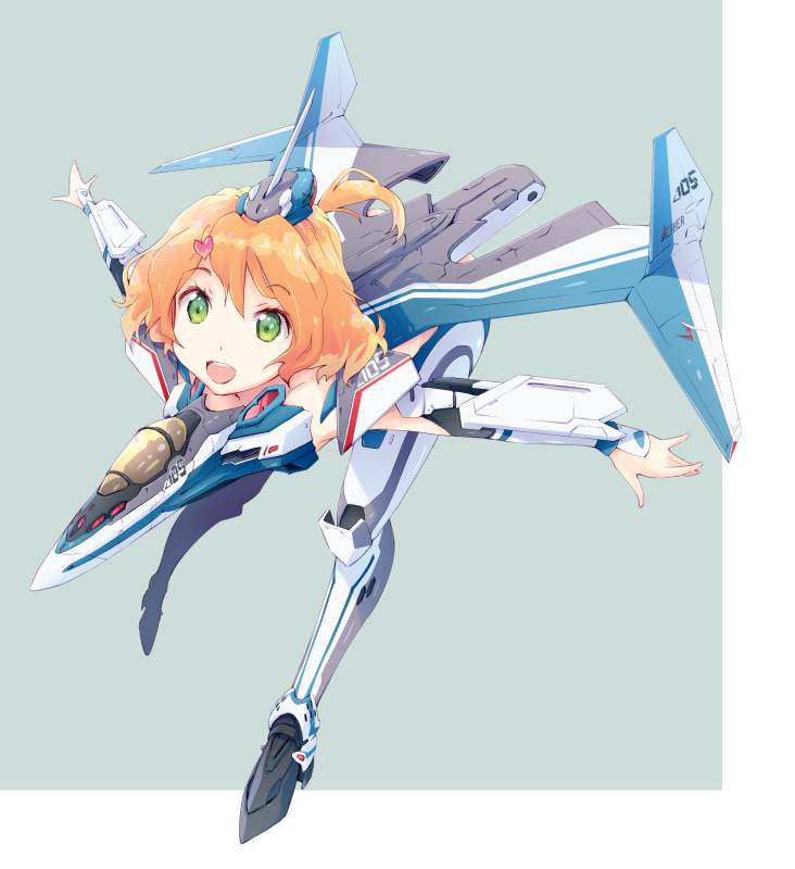 1girl armor bangs commentary eyebrows_visible_through_hair freyja_wion gerwalk green_background green_eyes looking_at_viewer macross macross_delta mecha_musume orange_hair short_hair short_ponytail smile solo takano_(scds2238) vf-31j