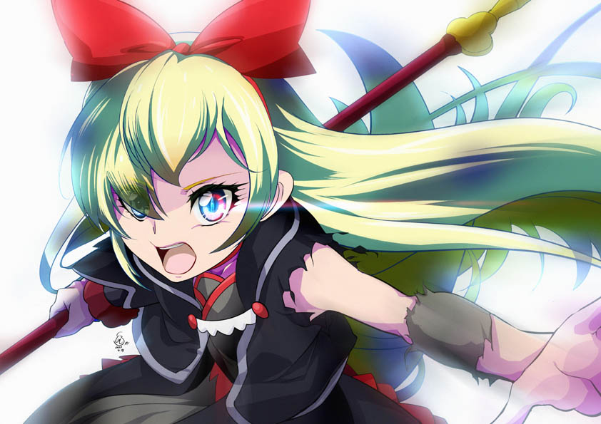 1girl backlighting bangs black_vest blonde_hair bow bow_hairband dokidoki!_precure eyes_visible_through_hair floating_hair hair_between_eyes hair_bow hairband holding holding_weapon long_hair open_mouth precure red_bow red_hairband regina_(dokidoki!_precure) shiny shiny_hair solo tomo5656ky torn_clothes torn_sleeves very_long_hair vest weapon white_background
