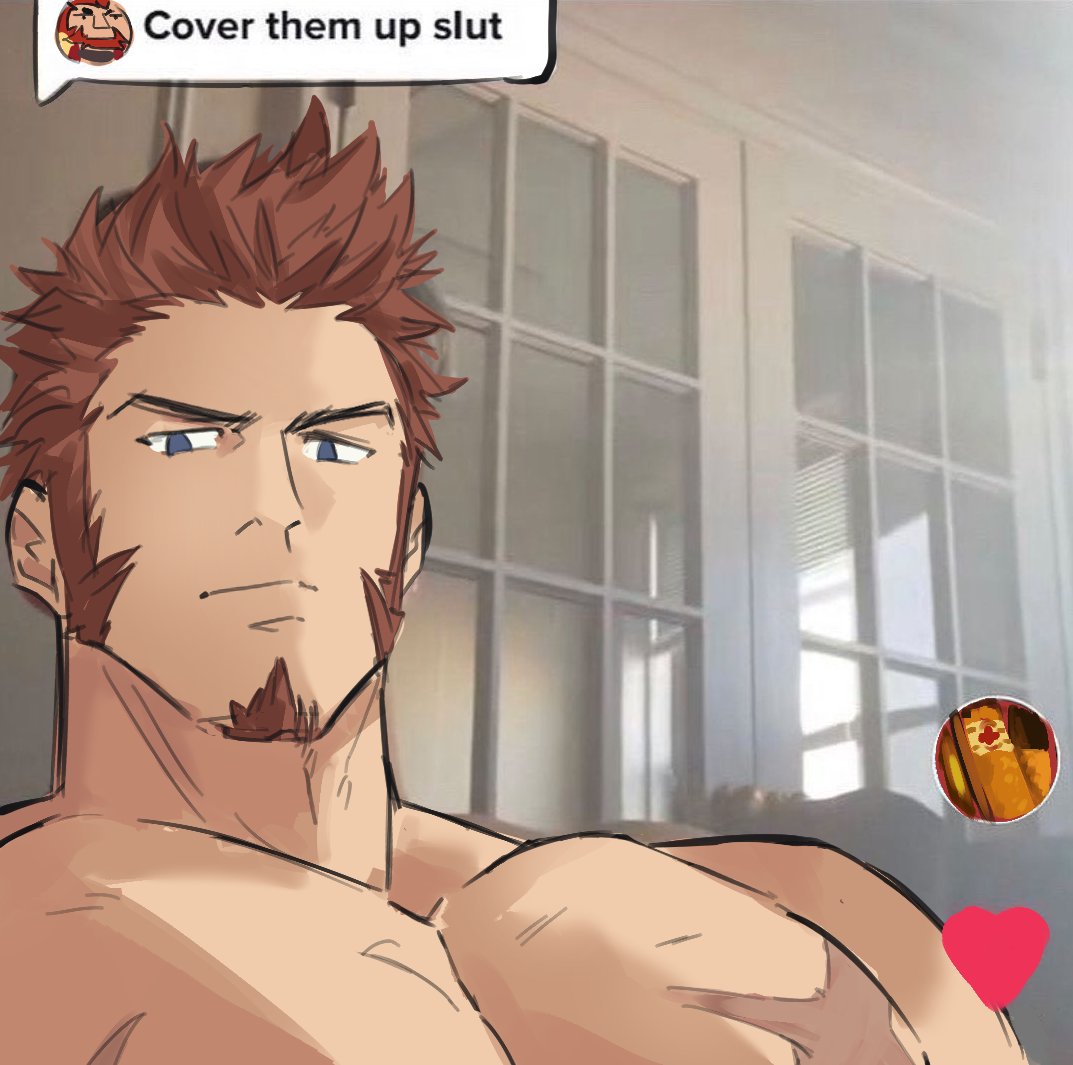 1boy brown_hair closed_mouth commentary_request cover_them_up_slut_(meme) cross_scar dialogue_box facial_hair fate/grand_order fate_(series) goatee grey_eyes heart indoors large_pectorals loboke long_sideburns looking_at_viewer male_focus meme muscular muscular_male napoleon_bonaparte_(fate) pectorals scar scar_on_chest short_hair sideburns solo spiky_hair topless_male