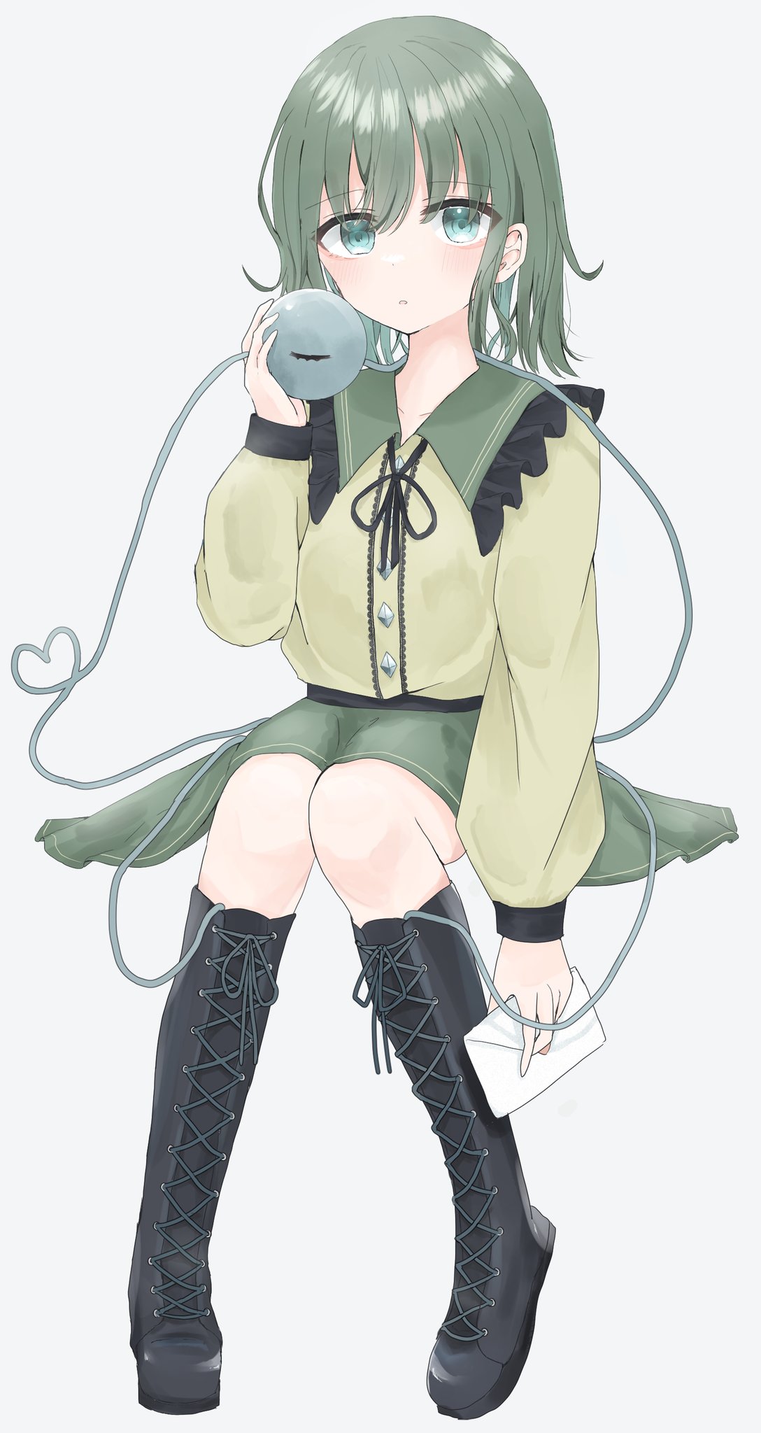 0krmi 1girl aqua_eyes bangs black_ribbon blouse blush boots buttons center_frills collared_blouse cross-laced_footwear diamond_button expressionless eyeball eyebrows_visible_through_hair frilled_shirt_collar frills full_body green_hair green_skirt hair_between_eyes heart heart_of_string highres holding holding_letter invisible_chair knee_boots komeiji_koishi letter long_sleeves looking_at_viewer medium_hair neck_ribbon no_hat no_headwear open_mouth puffy_long_sleeves puffy_sleeves ribbon shiny shiny_hair sidelocks simple_background sitting skirt solo third_eye touhou white_background wide_sleeves yellow_blouse