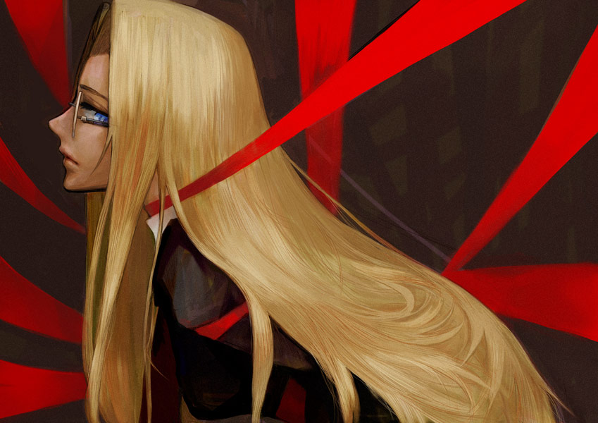 1girl arms_behind_back blonde_hair blue_eyes bound bound_arms closed_mouth glasses hellsing integra_hellsing long_hair picapica profile solo tied_up_(nonsexual) upper_body