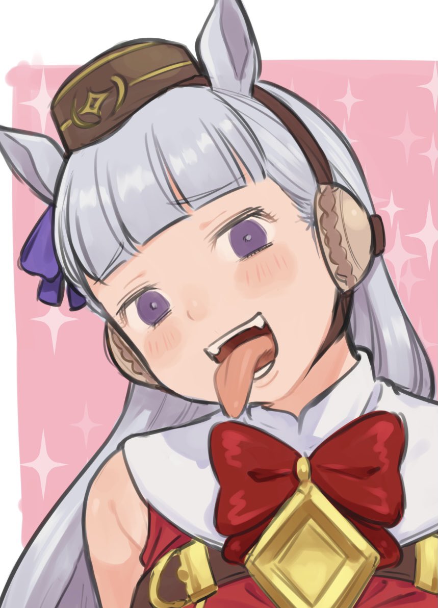 1girl :d animal_ears bangs blunt_bangs blush bow bridle commentary eyebrows_visible_through_hair fangs gold_ship_(umamusume) grey_hair hat head_tilt horse_ears long_hair meis_(terameisu) open_mouth pink_background portrait red_bow simple_background sleeveless smile solo sparkle_background tongue tongue_out umamusume violet_eyes