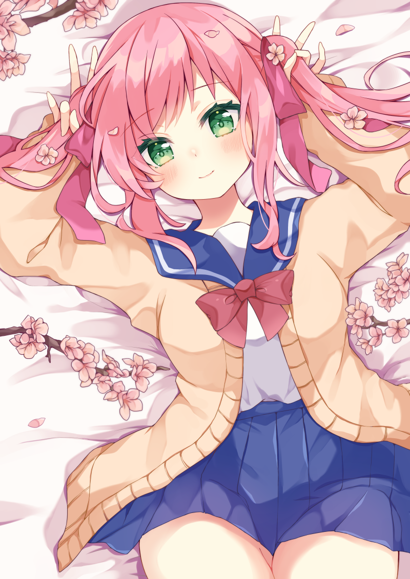 1girl arms_up bangs bed_sheet blue_sailor_collar blue_skirt blush bow branch brown_cardigan cardigan closed_mouth commentary eyebrows_visible_through_hair flower green_eyes holding holding_hair long_hair long_sleeves looking_at_viewer lying maki_soutoki on_back open_cardigan open_clothes original petals pink_flower pink_hair pleated_skirt red_bow sailor_collar school_uniform serafuku shirt skirt sleeves_past_wrists smile solo symbol-only_commentary twintails white_shirt