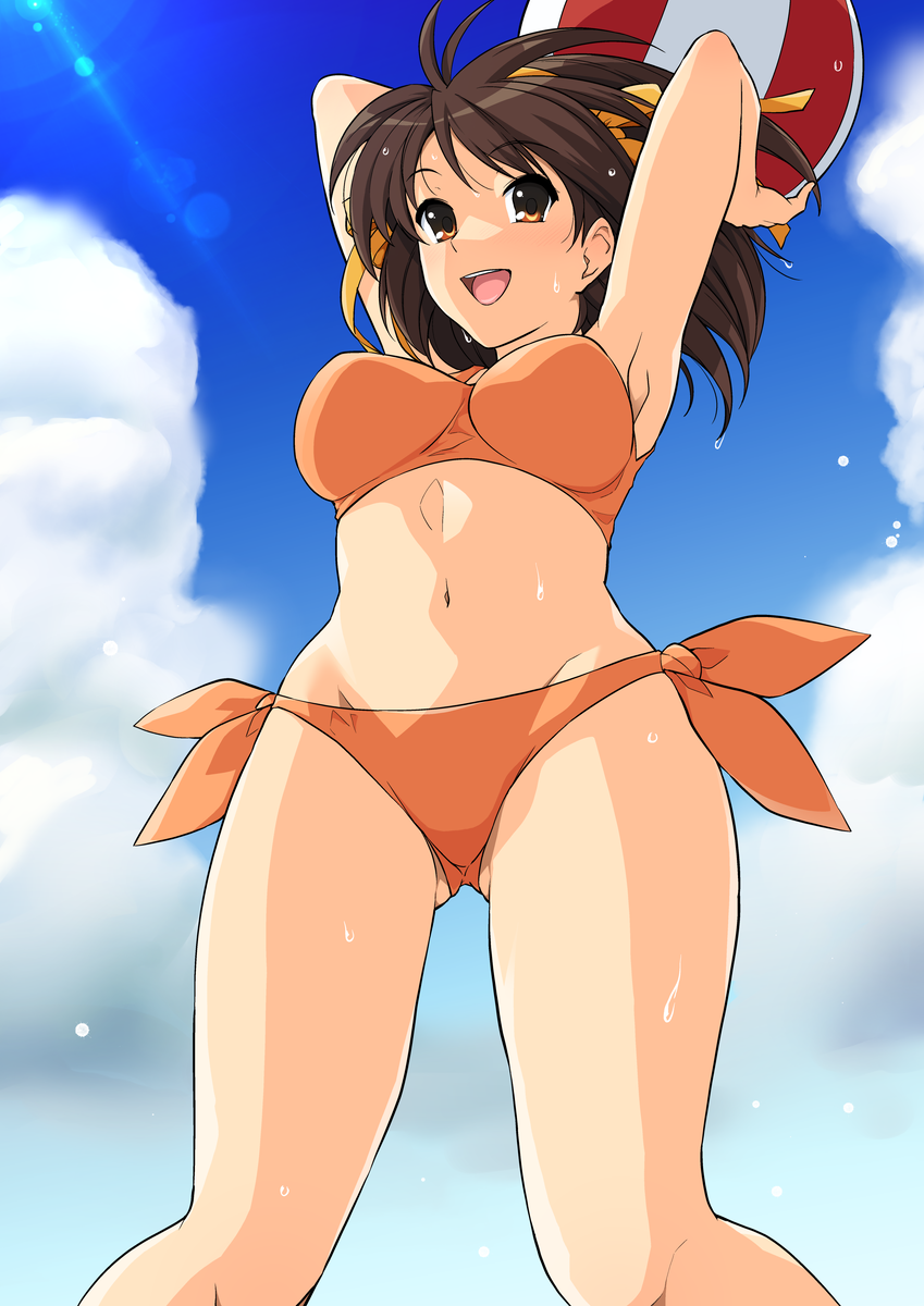 1girl :d armpits arms_up ass_visible_through_thighs ball beachball bikini blue_sky bow breasts brown_eyes brown_hair clouds commentary_request day from_below hair_bow hairband haruhisky highres holding holding_ball holding_beachball legs_apart lens_flare looking_at_viewer looking_down medium_breasts medium_hair navel open_mouth orange_bikini orange_bow orange_hairband outdoors side-tie_bikini sky smile solo standing stomach sunlight suzumiya_haruhi suzumiya_haruhi_no_yuuutsu swimsuit teeth upper_teeth wet