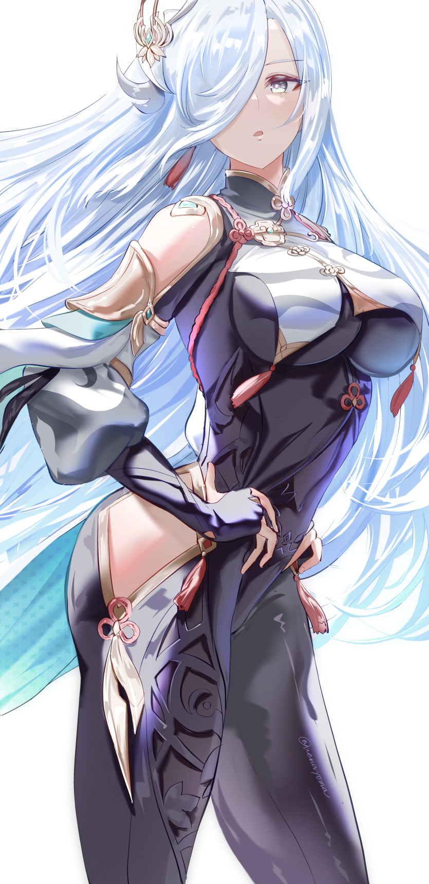 1girl bangs black_bodysuit black_gloves blue_eyes blush bodysuit braid braided_ponytail breast_curtain breasts clothing_cutout covered_navel elbow_gloves genshin_impact gloves hair_ornament hair_over_one_eye highres hip_vent large_breasts long_hair long_sleeves looking_at_viewer partially_fingerless_gloves puffy_long_sleeves puffy_sleeves revision shenhe_(genshin_impact) shoulder_cutout silver_hair solo tabard tassel thighs uenoryoma very_long_hair