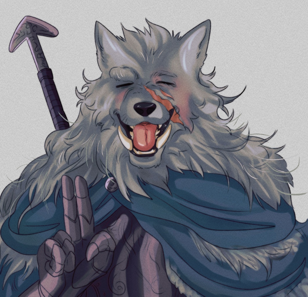 1boy :d animal_head armor blaidd_the_half-wolf blue_cape breastplate cape closed_eyes elden_ring film_grain furry furry_male gauntlets grey_background male_focus scar scar_on_cheek scar_on_face simple_background smile solo spicytanuki13 sword tusks v weapon weapon_on_back