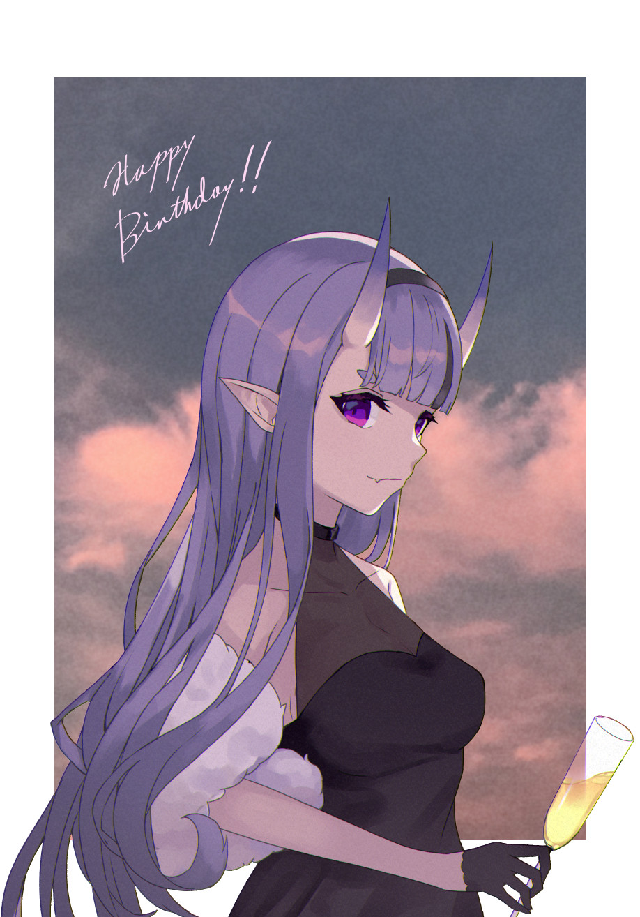 1girl black_dress black_hair black_hairband champagne_flute clouds collared_shirt cup dress drinking_glass fur_scarf hair_behind_ear hairband halter_dress halterneck happy_birthday highres holding holding_cup horns long_hair multicolored_hair namiura nijisanji oni_horns purple_hair rindou_mikoto scarf shirt sky smile solo streaked_hair violet_eyes virtual_youtuber white_scarf