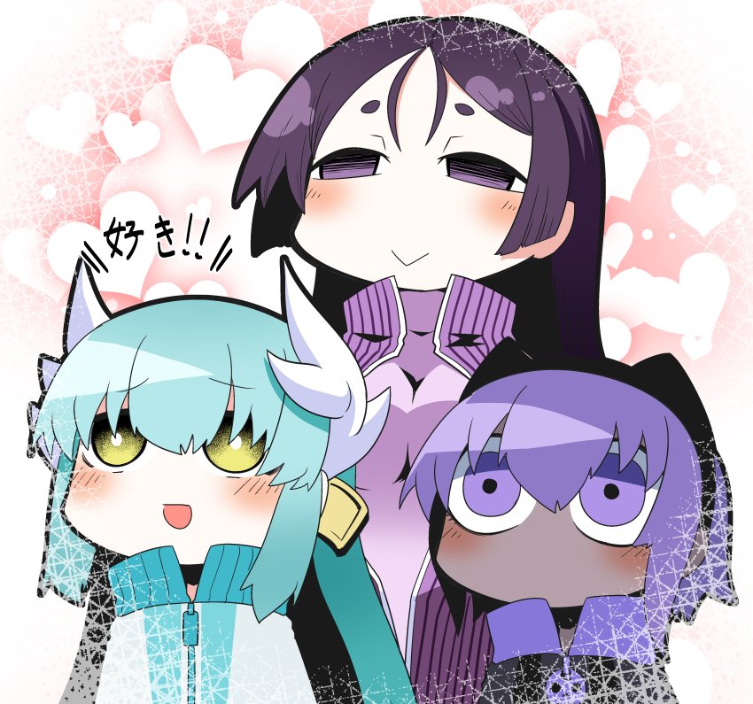 221_(tsutsuichi) 3girls :&gt; blue_hair blush bright_pupils chibi dark_skin fate/grand_order fate_(series) hair_ornament hairband hassan_of_serenity_(fate) heart heart_background horns jacket kiyohime_(fate) minamoto_no_raikou_(fate) multiple_girls no_mouth purple_hair smile translation_request violet_eyes white_pupils yellow_eyes
