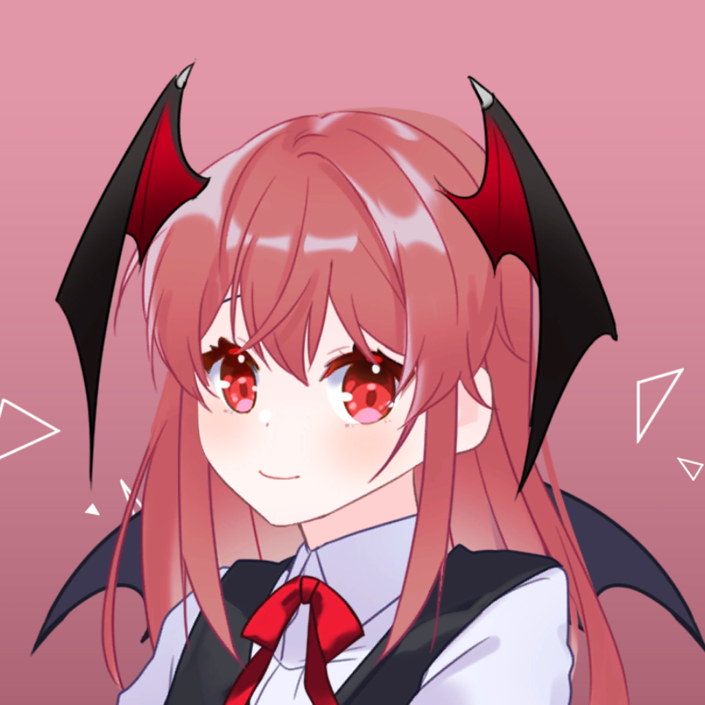 1girl artist_request bat_wings black_vest colored_eyelashes commentary_request eyelashes hair_between_eyes head_wings koakuma long_hair looking_at_viewer pink_background red_eyes red_neckwear redhead shirt sidelocks simple_background smile solo touhou upper_body vest white_shirt wings