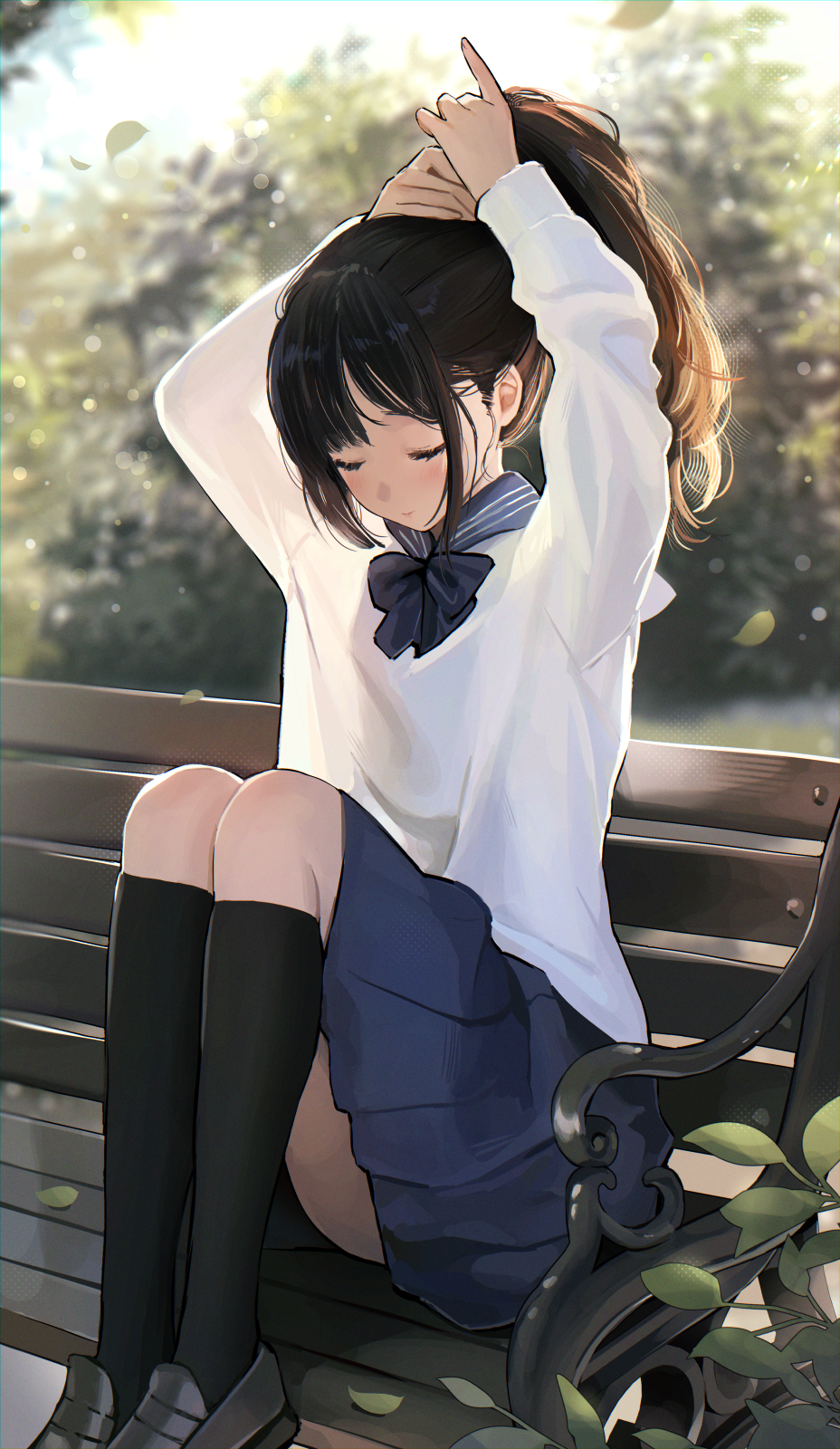 1girl bangs black_bow black_footwear black_legwear blue_sailor_collar blue_skirt bow bunching_hair closed_eyes closed_mouth commentary day english_commentary highres kneehighs knees_up loafers long_hair long_sleeves nami_(nyaa) on_bench original outdoors pleated_skirt ponytail sailor_collar school_uniform serafuku shirt shoes sitting skirt solo white_shirt