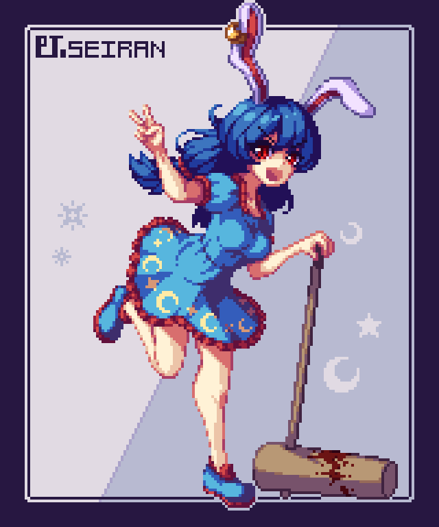1girl :d ambiguous_red_liquid animal_ears bangs black_border blue_dress blue_footwear blue_hair border character_name crescent_print dress eyebrows_visible_through_hair full_body greenapple_(g_apple0511) grey_background holding long_hair low_twintails mallet open_mouth pixel_art rabbit_ears red_eyes seiran_(touhou) short_sleeves smile solo standing standing_on_one_leg star_(symbol) star_print touhou twintails two-tone_background v