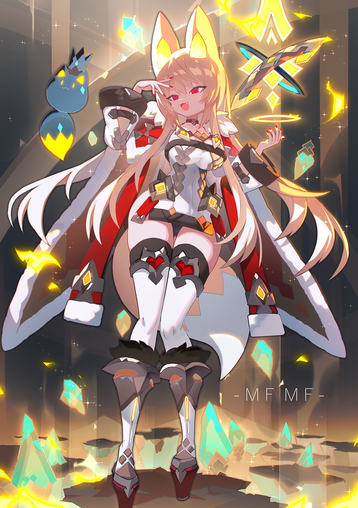 1girl animal_ears bangs black_panties blonde_hair boots breasts cape creature dress eyebrows_visible_through_hair fang fox_ears fox_girl fox_tail full_body hand_up highres knee_boots long_hair mamuru medium_breasts microdress open_mouth original panties pantyshot platform_boots red_eyes red_nails sidelocks smile solo sparkle tail thigh-highs underwear white_dress white_legwear