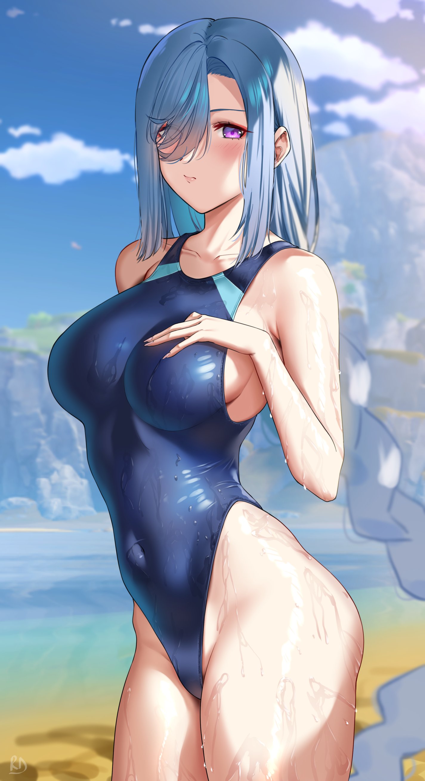 1girl absurdres blue_swimsuit blush breasts clouds competition_swimsuit genshin_impact hand_on_own_chest highres large_breasts long_hair looking_at_viewer one-piece_swimsuit ryudraw shenhe_(genshin_impact) sky solo swimsuit thick_thighs thighs violet_eyes wet