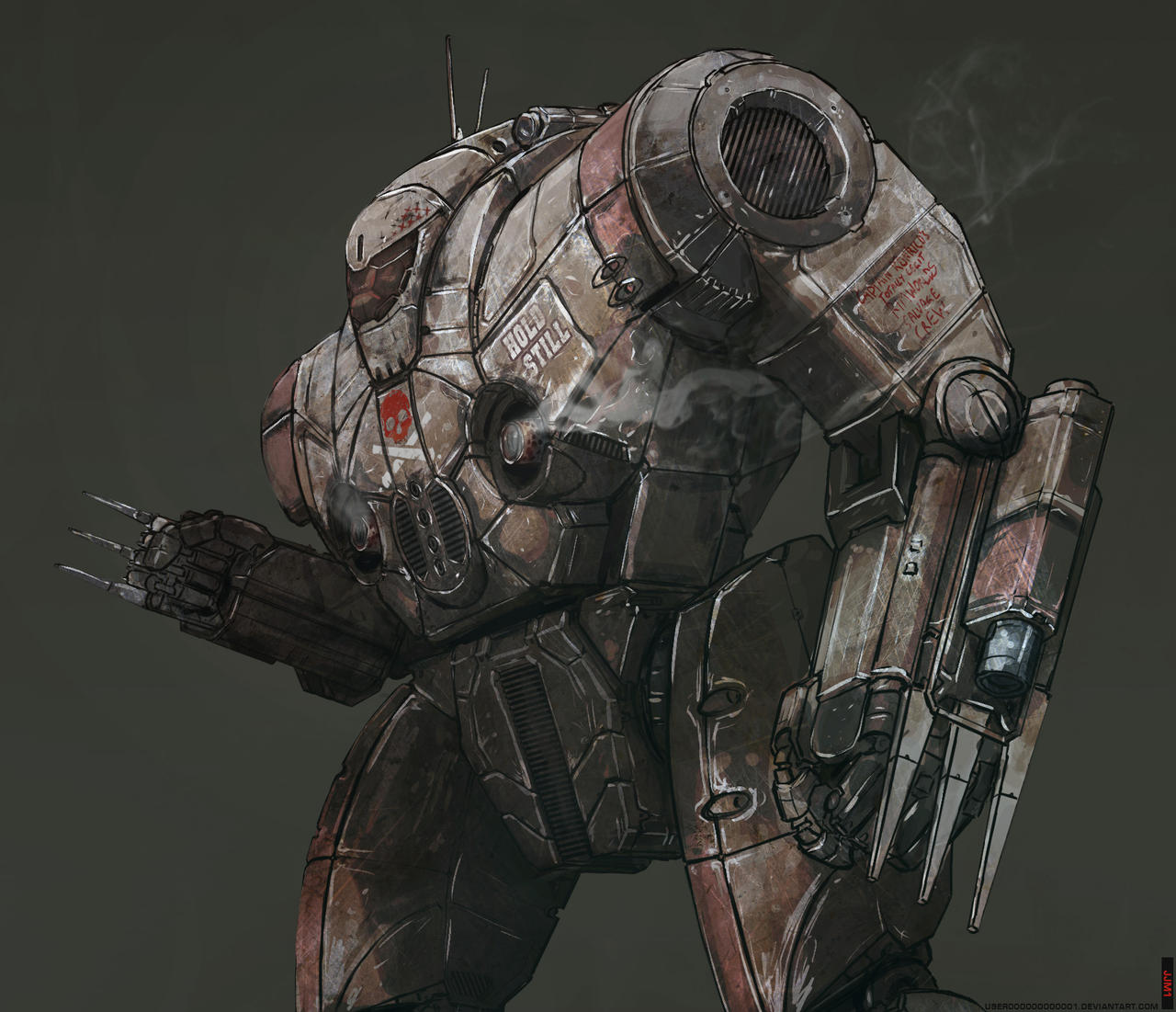 artist_name battletech cannon claws clenched_hands commentary english_text grey_background mecha melee old pillager realistic scratches skull_print smoke user000000000001 watermark web_address