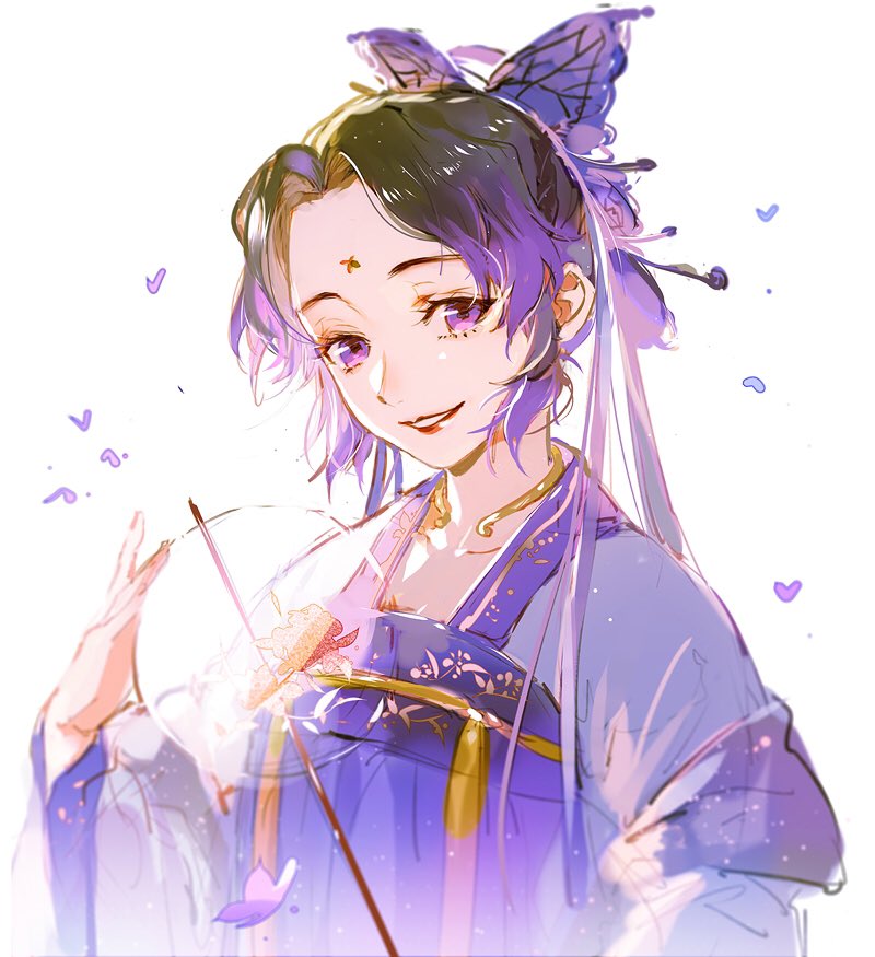 1girl black_hair bug butterfly butterfly_hair_ornament chinese_clothes colored_tips dress eyelashes facial_mark forehead_mark hair_ornament hand_fan hand_up hanfu holding holding_fan jewelry kimetsu_no_yaiba kochou_shinobu long_sleeves maosen multicolored_hair necklace purple_butterfly purple_hair purple_ribbon purple_theme red_lips ribbon shawl sketch smile solo updo upper_body violet_eyes