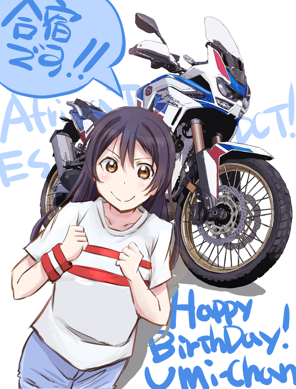 1girl bangs birthday blue_hair blush character_name collarbone commentary english_text ground_vehicle happy_birthday highres long_hair looking_at_viewer love_live! love_live!_school_idol_project maruyo motor_vehicle motorcycle smile solo sonoda_umi speech_bubble translation_request upper_body white_background wristband yellow_eyes