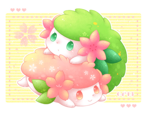 alternate_color dotted_line flower full_body heart looking_at_viewer lying no_humans on_stomach outline pink_flower pokemon pokemon_(creature) shaymin shaymin_(land) shiny_and_normal shiny_pokemon smile striped striped_background ten'on_(amane09) yellow_background