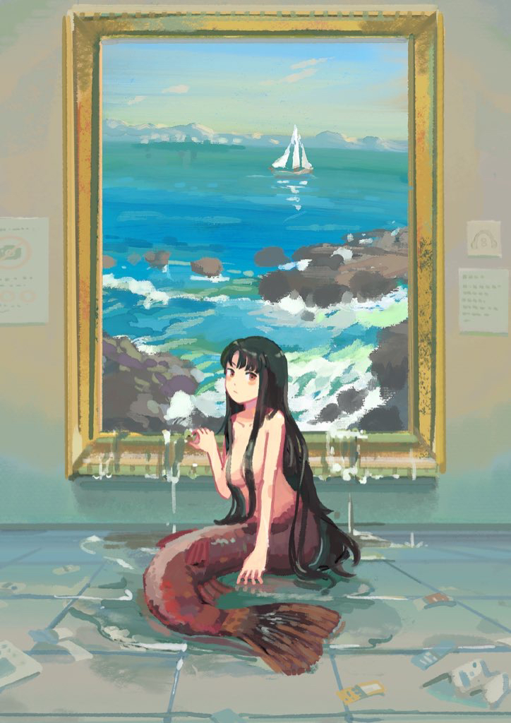 1girl art_gallery bangs black_hair boat breasts brown_eyes closed_mouth commentary_request full_body hair_censor hair_over_breasts indoors katakai long_hair looking_at_viewer medium_breasts mermaid monster_girl ocean original painting_(object) sailboat solo water watercraft