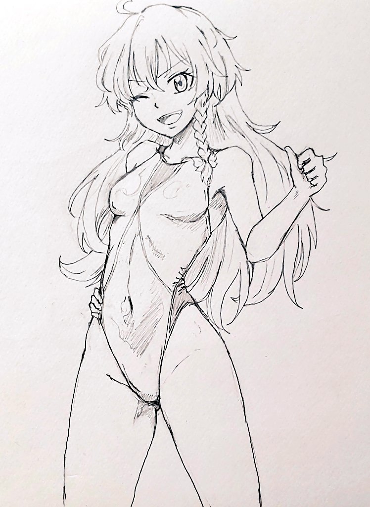 1girl ahoge bangs braid commentary_request competition_school_swimsuit competition_swimsuit covered_navel cowboy_shot d-m_(dii_emu) greyscale hand_on_hip kirisame_marisa long_hair monochrome one-piece_swimsuit one_eye_closed open_mouth side_braid swimsuit touhou traditional_media