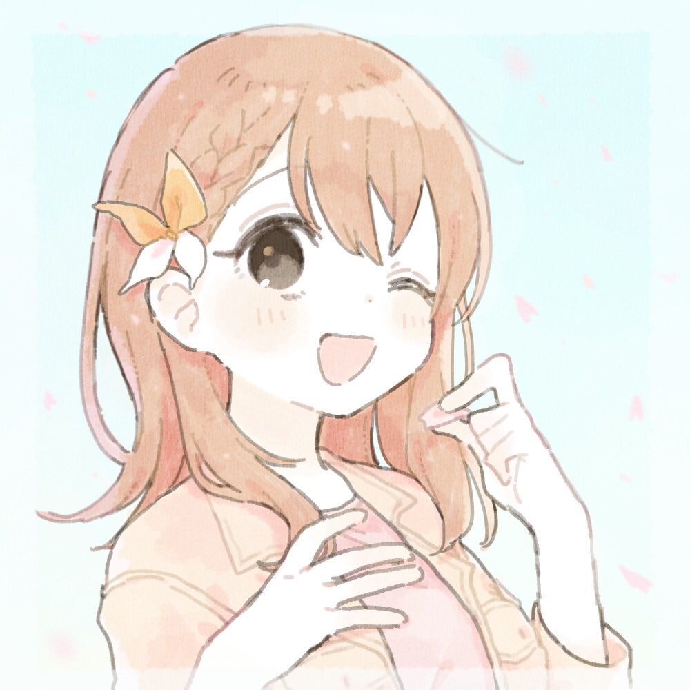 1girl ;d bangs bow braid brown_hair cherry_blossoms dot_nose eyebrows_visible_through_hair eyelashes facing_viewer grey_eyes hair_behind_ear hair_between_eyes hanasato_minori hand_on_own_chest hand_up happy holding holding_petal jacket light_blue_background light_blush medium_hair momosei_(momo_mo00) one_eye_closed open_clothes open_jacket open_mouth orange_bow orange_jacket pale_color pale_skin petals pink_shirt project_sekai shirt simple_background smile solo swept_bangs two-tone_bow upper_body white_bow wing_collar