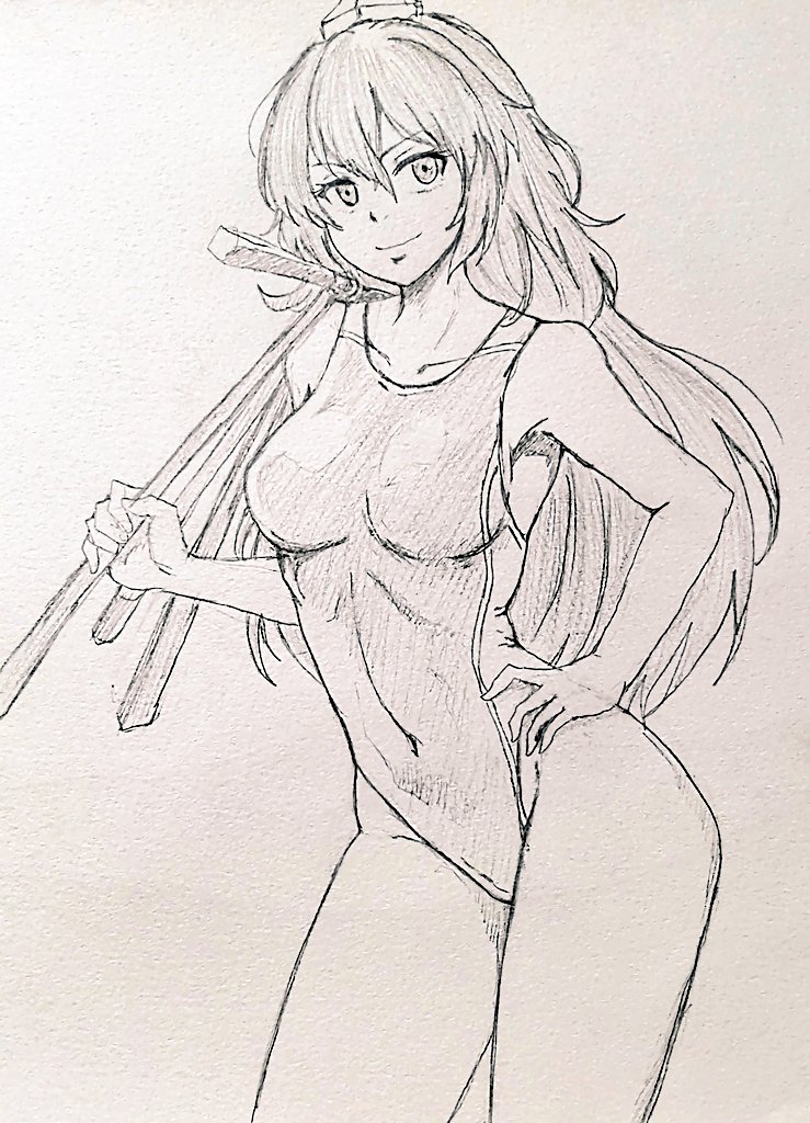 closed_mouth competition_school_swimsuit competition_swimsuit covered_navel d-m_(dii_emu) eyelashes greyscale hand_on_hip happy hat holding_tripod iizunamaru_megumu long_hair looking_at_viewer monochrome one-piece_swimsuit smile swimsuit tokin_hat touhou traditional_media tripod