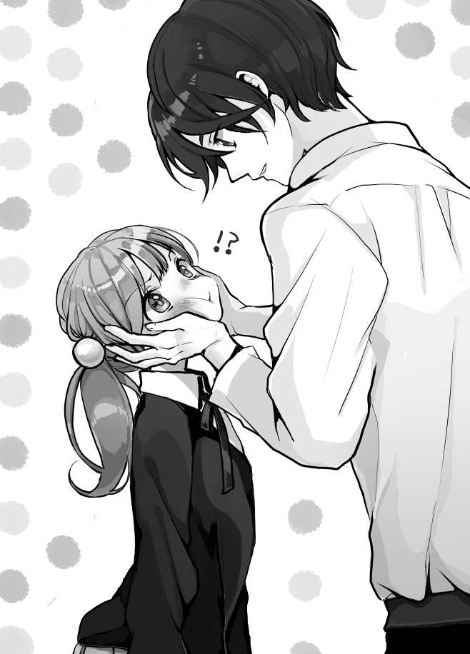 !? 1boy 1girl bangs blush cheek_squash closed_mouth commentary_request cowboy_shot dotted_background greyscale hair_ornament hands_on_another's_cheeks hands_on_another's_face height_difference light_smile long_hair long_sleeves looking_at_another monochrome neck_ribbon original parted_lips pout ribbon shigure_ui shirt short_hair sweater_vest