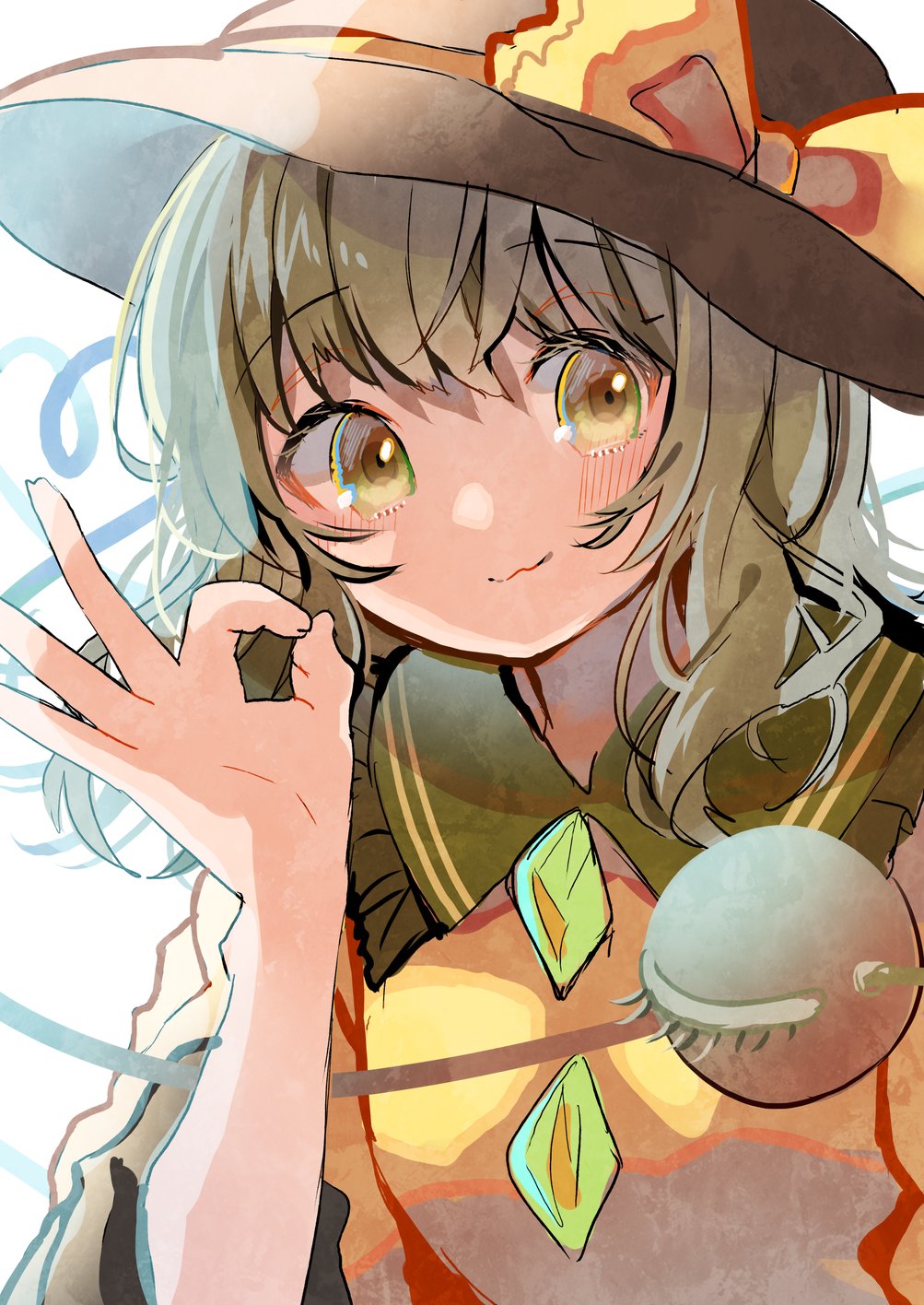 1girl :3 bangs black_headwear blouse blush bow buttons closed_mouth commentary diamond_button eyebrows_visible_through_hair frilled_shirt_collar frilled_sleeves frills green_eyes green_hair hand_up hat hat_bow heart heart_of_string highres komeiji_koishi long_sleeves looking_at_viewer medium_hair ok_sign solo tamagogayu1998 third_eye touhou upper_body wide_sleeves yellow_blouse yellow_bow