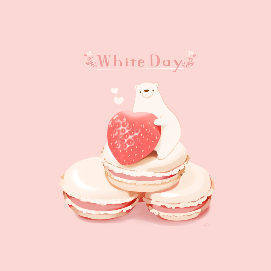 animal bear chai_(drawingchisanne) commentary_request english_text food food_focus fruit heart holding holding_food macaron no_humans original pastry polar_bear signature simple_background strawberry sweets white_day