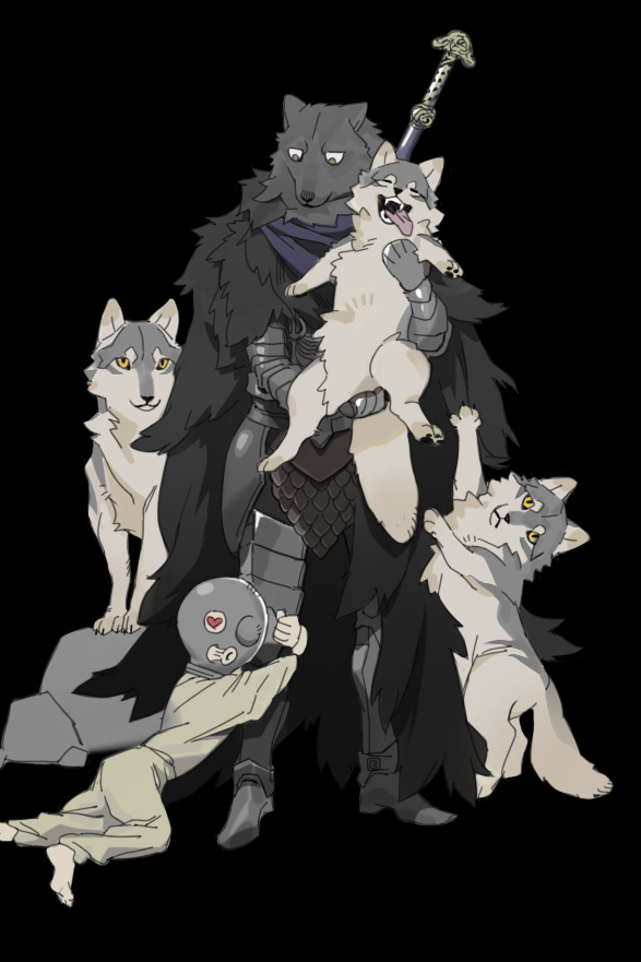 2boys animal armor black_background blaidd_the_half-wolf boots cape closed_mouth elden_ring furry furry_male gauntlets heart heart_eyes holding holding_animal hugging_another's_leg jitome male_focus multiple_boys o3o prisoner_iron_mask_(elden_ring) rags simple_background tarnished_(elden_ring) weapon weapon_on_back wolf yoshi_kaoru