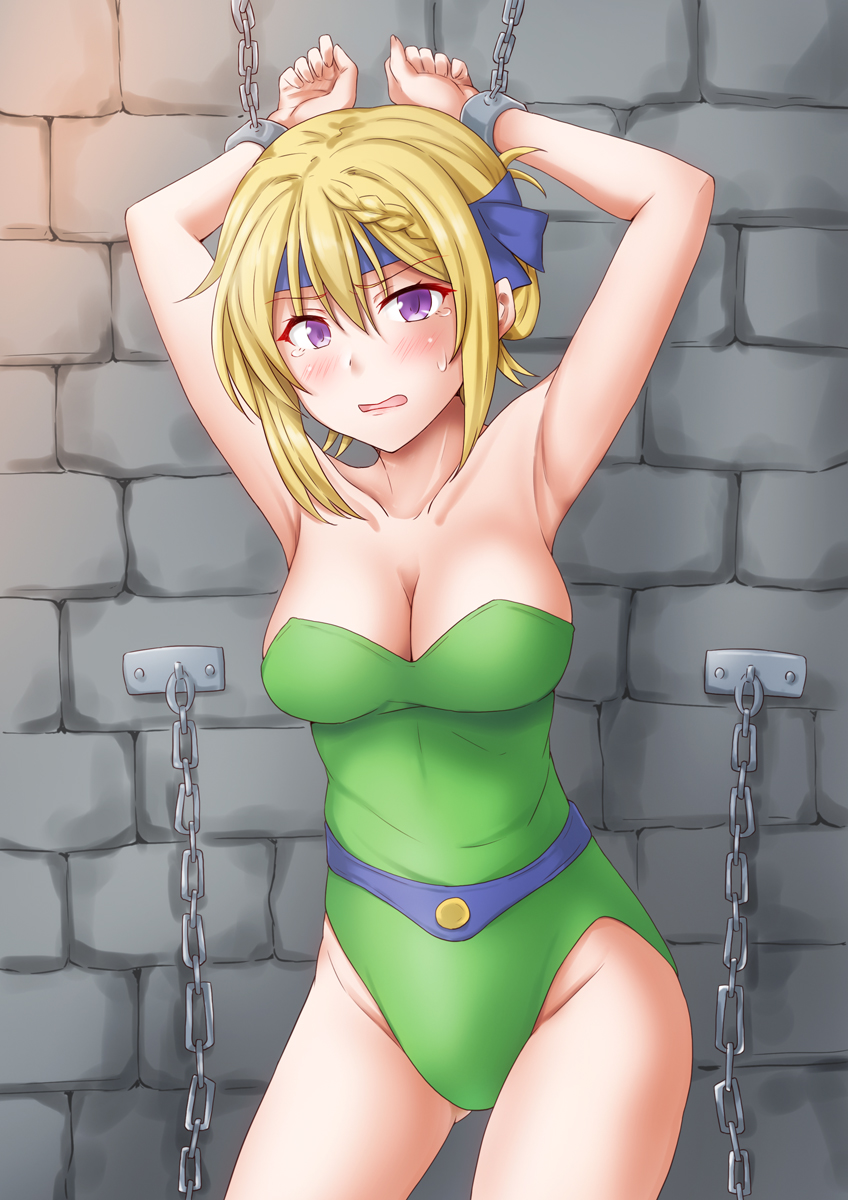 1girl anti_(untea9) blonde_hair bound bound_arms bound_wrists braid braided_bangs braided_bun breasts celes_chere chain chain_leash cowboy_shot final_fantasy final_fantasy_vi green_leotard highres kantai_collection leash leotard long_hair medium_breasts multiple_girls perspective perth_(kancolle) restrained solo stationary_restraints sweatdrop tears violet_eyes