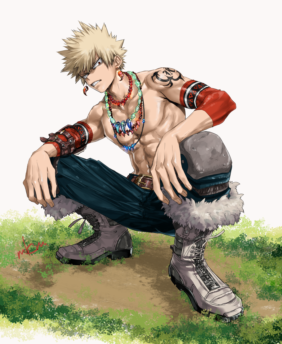 abs angry arm_tattoo bakugou_katsuki bead_necklace beads belt belt_buckle blonde_hair blue_pants boku_no_hero_academia boots brown_belt buckle earrings fur_boots grey_footwear highres jewelry mkm_(mkm_storage) multiple_necklaces necklace outdoors pants red_eyes spiky_hair squatting tattoo toned toned_male topless_male white_background