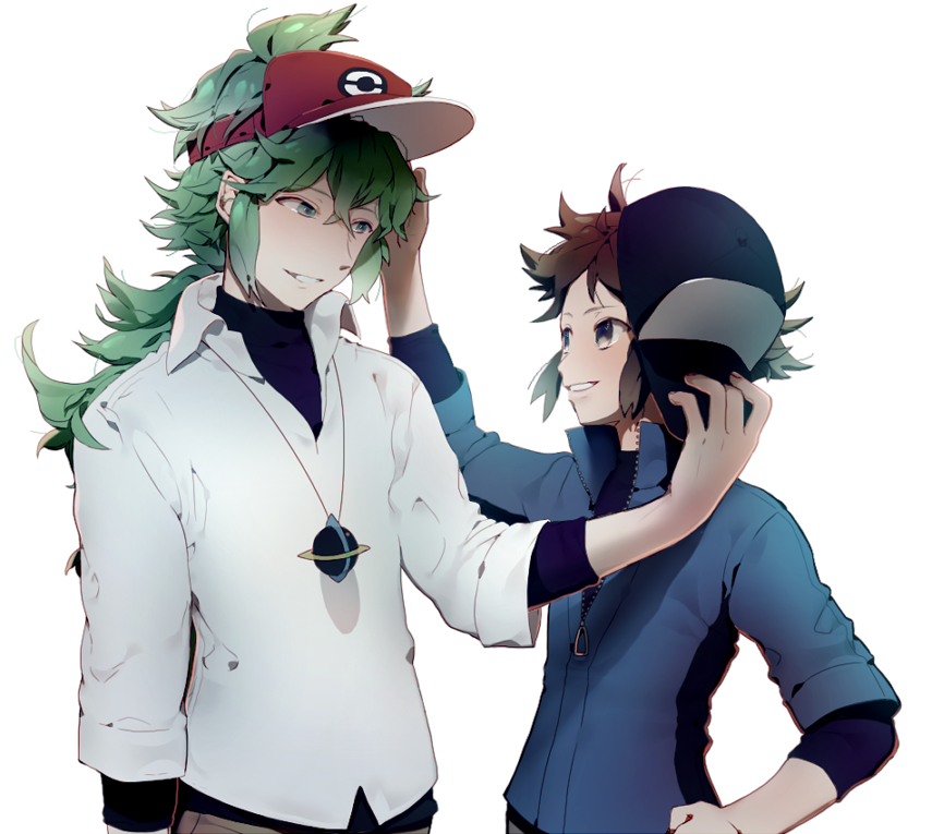 2boys bangs baseball_cap black_headwear blue_jacket borrowed_garments brown_eyes brown_hair emje_(uncover) eye_contact green_eyes green_hair hand_on_another's_head hat hat_removed headwear_removed headwear_switch height_difference holding holding_clothes holding_hat jacket jewelry layered_clothing layered_sleeves long_hair long_sleeves looking_at_another male_focus multiple_boys n_(pokemon) nate_(pokemon) pendant pokemon pokemon_(game) pokemon_bw2 red_headwear shirt short_hair short_over_long_sleeves short_sleeves sidelocks simple_background sleeves_rolled_up smile turtleneck undershirt unzipped upper_body visor_cap white_background white_shirt