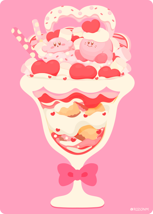 drinking_straw food heart kirby kirby_(series) marshmallow open_mouth parfait pink_background pink_theme rizu_(rizunm) simple_background sitting_on_food smile sprinkles