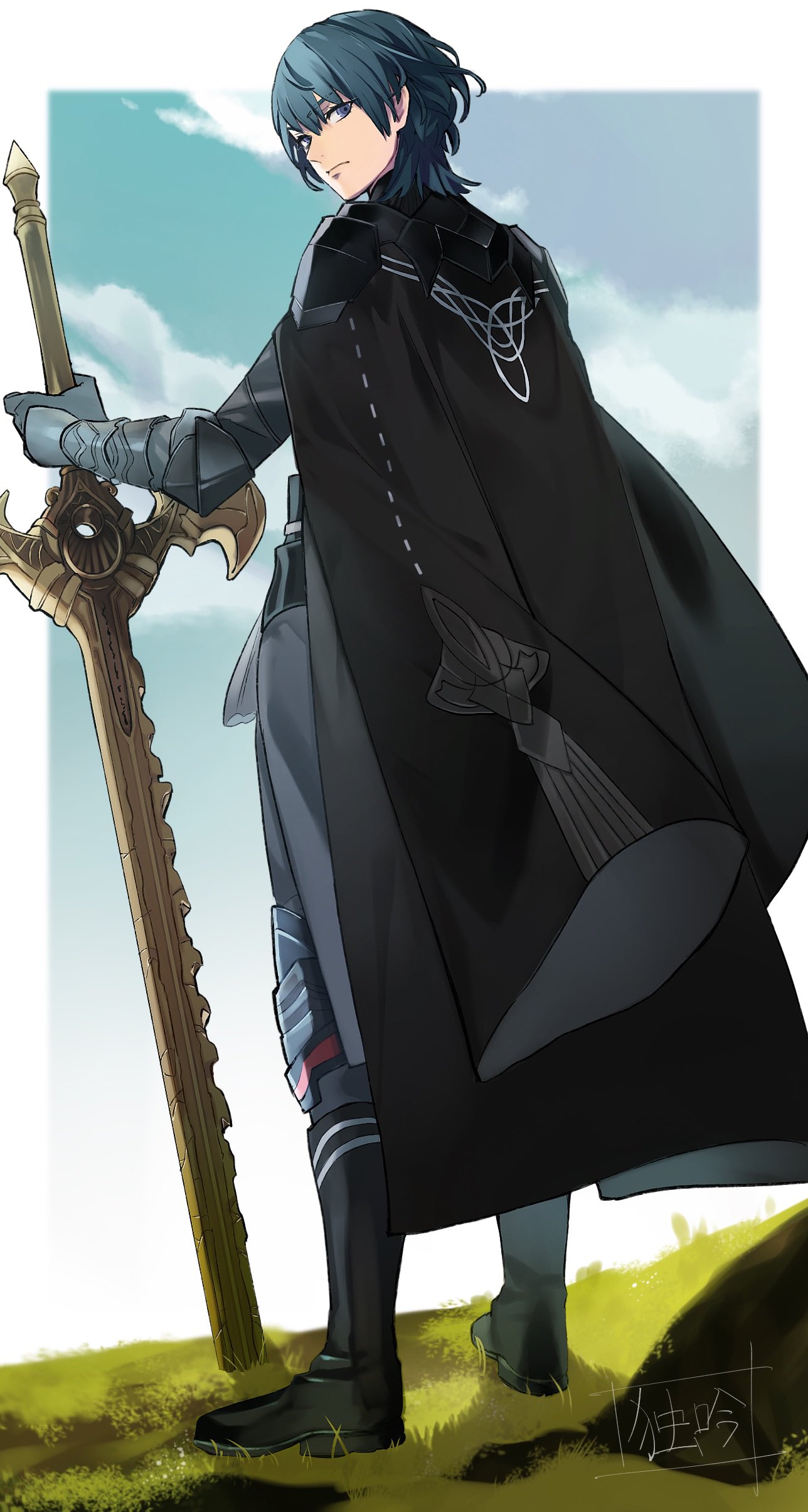 1boy absurdres armor black_armor black_cape black_footwear black_gloves blue_hair blue_sky boots byleth_(fire_emblem) byleth_eisner_(male) cape closed_mouth clouds commentary day doku_gin1126 english_commentary expressionless eyebrows_visible_through_hair fire_emblem fire_emblem:_three_houses from_behind gauntlets gloves grass highres holding holding_sword holding_weapon looking_at_viewer male_focus outdoors planted planted_sword short_hair signature sky solo sword sword_of_the_creator violet_eyes weapon