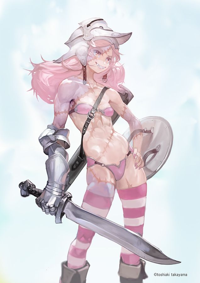 1girl armor artist_name bikini_armor buckler clouds cloudy_sky collarbone colored_skin contrapposto fangs fantasy fingernails gauntlets hand_on_hip helmet holding holding_sword holding_weapon knight long_fingernails long_hair navel original patchwork_skin pink_eyes pink_hair pink_nails pink_skin scabbard scar scar_on_arm scar_on_chest scar_on_face scar_on_leg scar_on_stomach sharp_fingernails sheath shield single_gauntlet skindentation sky slit_pupils smile solo standing stitches striped striped_legwear sword takayama_toshiaki teeth thigh-highs toned unsheathed vambraces weapon