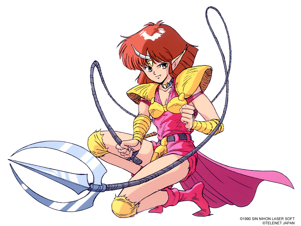 1990 1990s_(style) 1girl armor bangs cham_(valis) copyright fang green_eyes holding holding_whip horns medium_hair mugen_senshi_valis non-web_source official_art pauldrons pink_footwear pointy_ears redhead retro_artstyle shoulder_armor simple_background single_horn solo squatting white_background