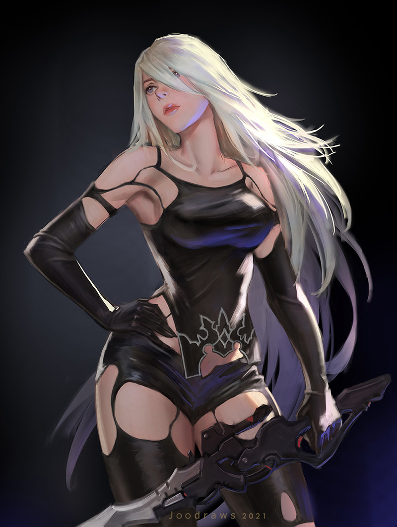1girl black_background black_gloves breasts cowboy_shot elbow_gloves gloves hair_over_one_eye kveldulv lips long_hair nier_(series) nier_automata nose silver_hair simple_background solo sword thigh-highs weapon yorha_type_a_no._2