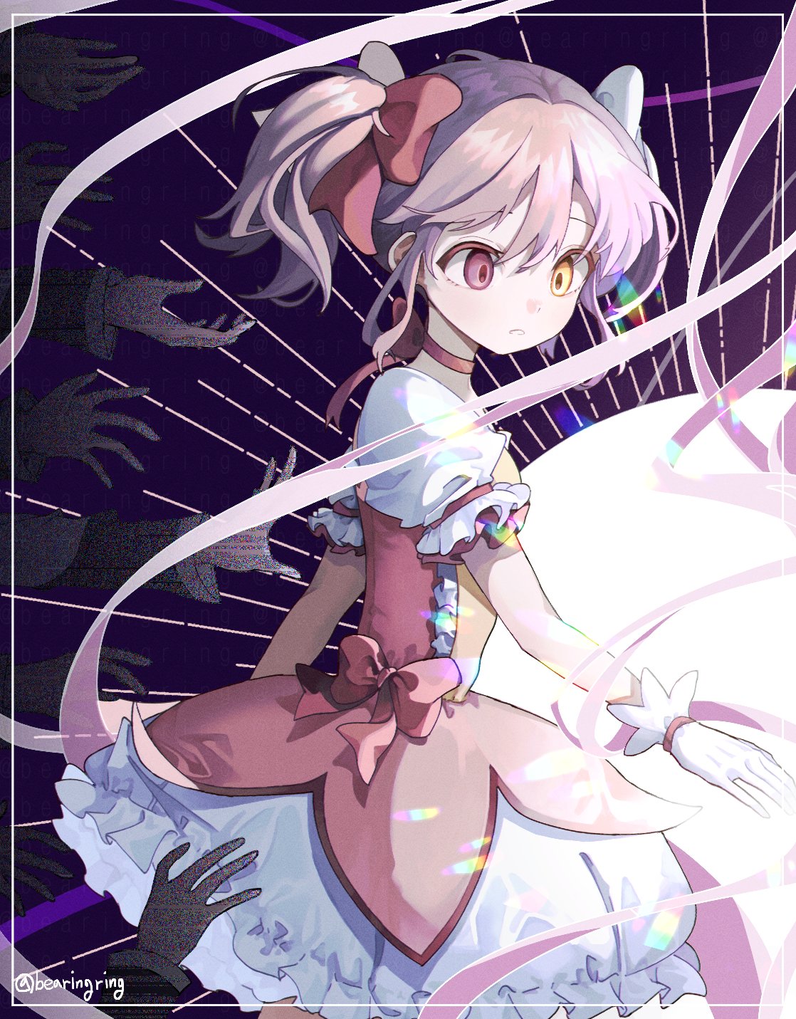 1girl bearingring disembodied_limb dress frilled_dress frilled_sleeves frills gloves heterochromia highres kaname_madoka magical_girl mahou_shoujo_madoka_magica parted_lips pink_hair ribbon solo twintails