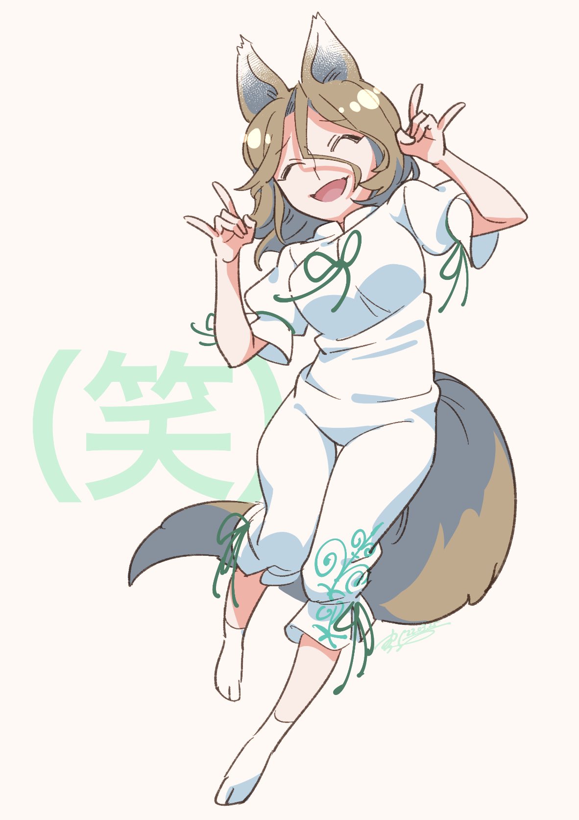 1girl 2022 ^_^ animal_ears bangs bow breasts brown_hair closed_eyes commentary_request eyebrows_visible_through_hair fox_ears fox_tail green_bow green_ribbon hair_between_eyes hands_up highres kudamaki_tsukasa leg_up light_brown_hair medium_breasts no_shoes open_mouth puffy_short_sleeves puffy_sleeves ribbon romper shikido_(khf) short_hair short_sleeves signature simple_background smile socks solo standing standing_on_one_leg tail touhou translation_request white_legwear white_romper yellow_background