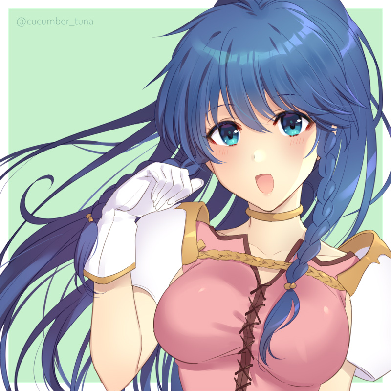 1girl :d aqua_background armor awayuki_ramika bangs blue_eyes blue_hair blush border braid breasts eyebrows_visible_through_hair fire_emblem fire_emblem:_the_sacred_stones floating_hair gloves hair_between_eyes long_hair looking_at_viewer medium_breasts open_mouth outside_border pink_shirt shiny shiny_hair shirt shoulder_armor sketch smile solo tana_(fire_emblem) twitter_username upper_body very_long_hair white_border white_gloves