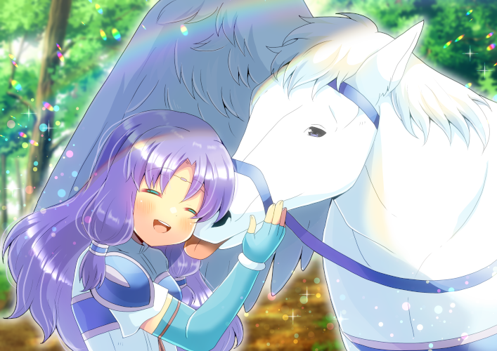 1girl :d ^_^ animal armor bangs blue_gloves blurry blurry_background blush closed_eyes commentary_request commission day depth_of_field elbow_gloves eyebrows_visible_through_hair fingerless_gloves fire_emblem fire_emblem:_the_blazing_blade florina_(fire_emblem) gloves grey_eyes kou_hiyoyo lens_flare long_hair outdoors parted_bangs pauldrons pegasus purple_hair shirt short_sleeves shoulder_armor skeb_commission smile solo upper_body very_long_hair white_shirt