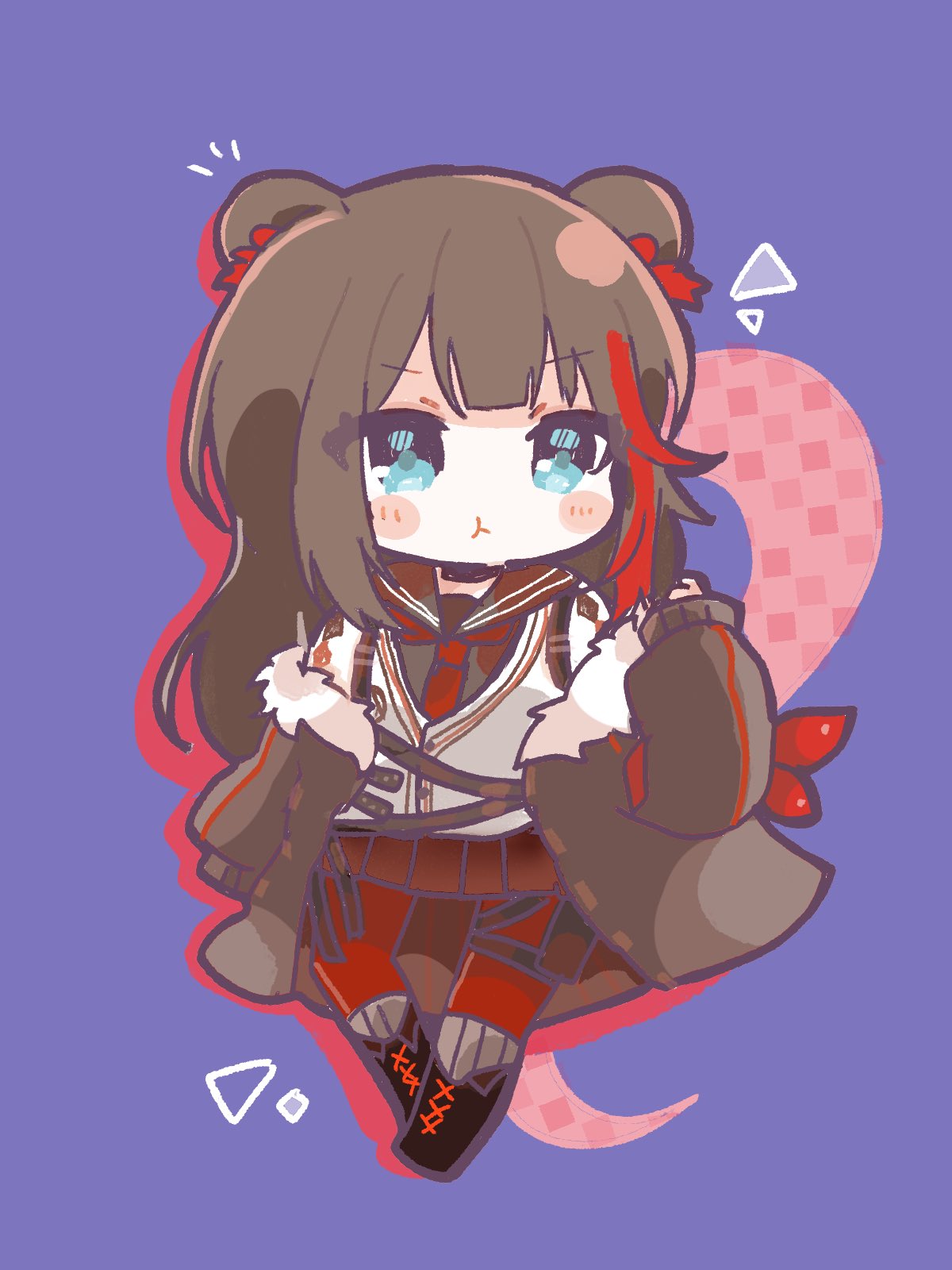 1girl :t animal_ears arknights bear_ears black_footwear black_shirt blue_eyes blush_stickers boots brown_hair brown_jacket brown_sailor_collar brown_skirt cardigan checkered_background chibi closed_mouth commentary_request full_body fur-trimmed_jacket fur_trim highres jacket long_hair mom2 multicolored_hair necktie off_shoulder open_clothes open_jacket pantyhose pleated_skirt pout purple_background red_legwear red_necktie redhead sailor_collar shirt skirt solo streaked_hair very_long_hair white_cardigan zima_(arknights)
