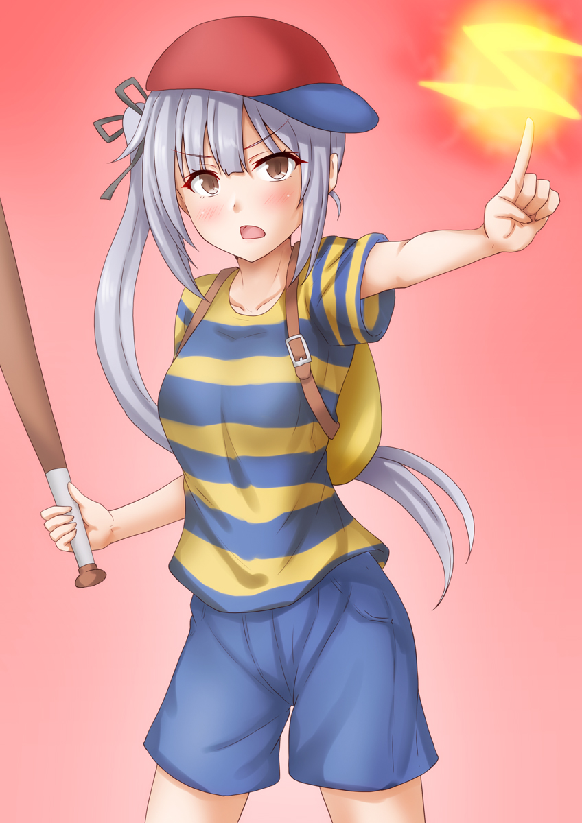 anti_(untea9) backpack bag baseball_bat breasts cosplay grey_hair highres kantai_collection kasumi_(kancolle) long_hair ness_(mother_2) ness_(mother_2)_(cosplay) randoseru short_sleeves side_ponytail silver_hair small_breasts yellow_eyes