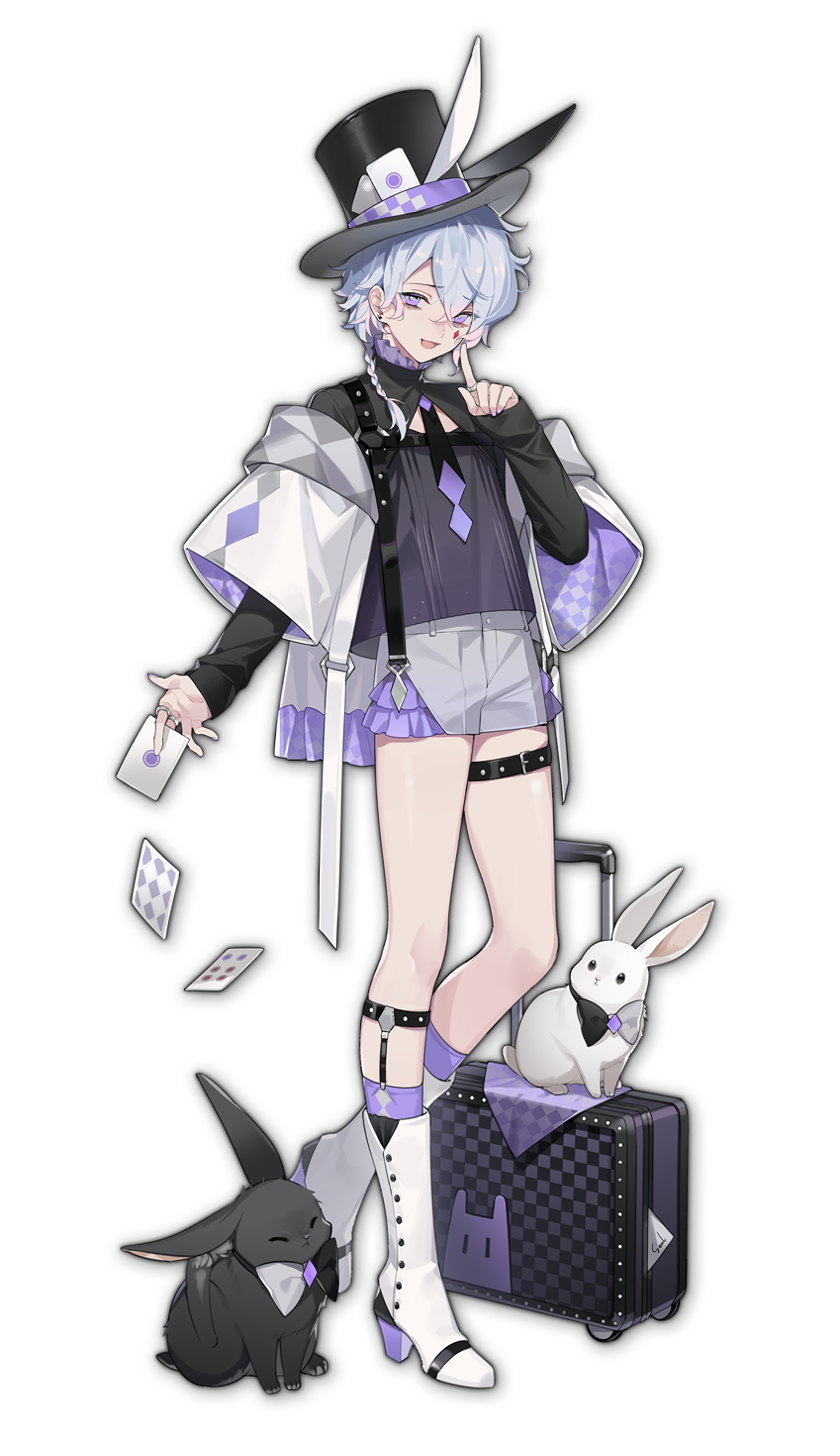 1boy animal artist_request boots bow bowtie braid buckle card dropping earrings hair_between_eyes hat highres holding holding_card jewelry luggage mahjong_soul male_focus official_art open_mouth playing_card rabbit ring ryan_(mahjong_soul) short_shorts shorts solo standing stud_earrings top_hat transparent_background violet_eyes white_footwear white_hair yostar
