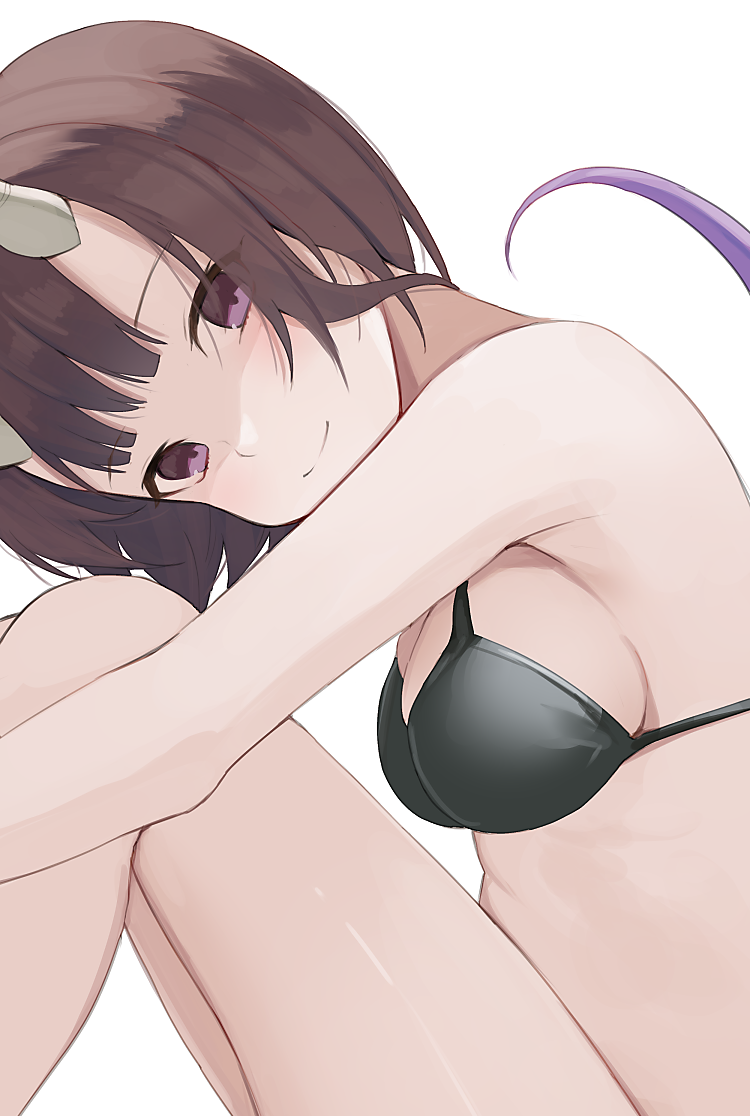 1girl bangs bare_shoulders bikini black_bikini breasts brown_hair closed_mouth eriko_(princess_connect!) eyebrows_visible_through_hair from_side hiroki_(yyqw7151) horns knees_up light_smile looking_at_viewer princess_connect! short_hair simple_background skindentation solo swimsuit tail tail_raised thighs violet_eyes white_background