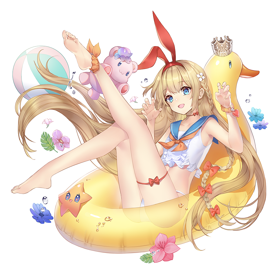 1girl ball balusah bangs beachball blonde_hair blue_eyes bow bracelet braid crown flower flower_request hairband inflatable_raft jewelry leaf long_hair mahjong_soul mikami_chiori official_art simple_background solo stuffed_animal stuffed_toy teddy_bear water white_background yostar