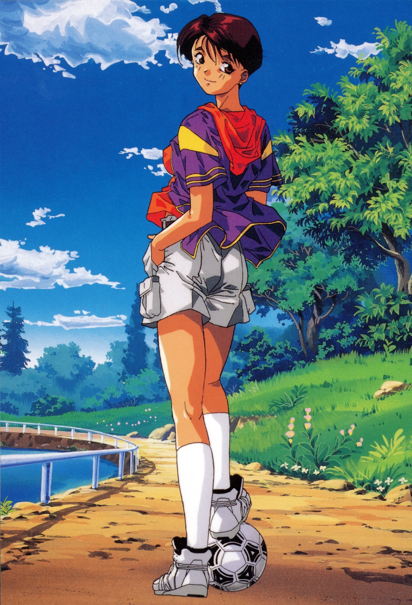 1990s_(style) ball brown_eyes brown_hair day full_body hands_in_pockets highres nature non-web_source official_art outdoors retro_artstyle shoes short_hair short_sleeves shorts smile sneakers soccer_ball solo standing super_real_mahjong tanaka_ryou toono_mizuki white_legwear
