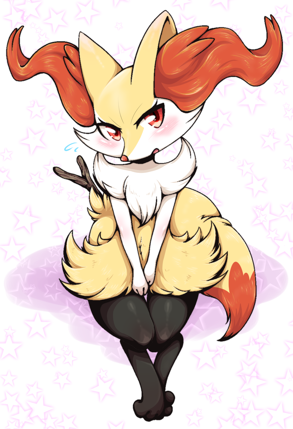 1girl animal_ear_fluff animal_ears animal_feet animal_nose between_legs blush body_fur braixen commentary_request flat_chest flying_sweatdrops fox_ears fox_girl fox_tail full_body fur_collar furry furry_female hand_between_legs highres legs_together looking_at_viewer navel negoya nervous open_mouth own_hands_together pokemon pokemon_(creature) red_eyes red_fur sitting snout solo star_(symbol) starry_background stick tail v_arms white_background white_fur yellow_fur